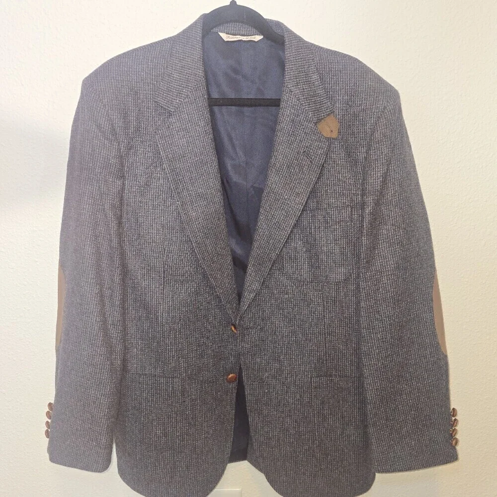 Vintage Him Chic Wool Tweed Blazer Mens 42R USA Made Suede Elbow Patches